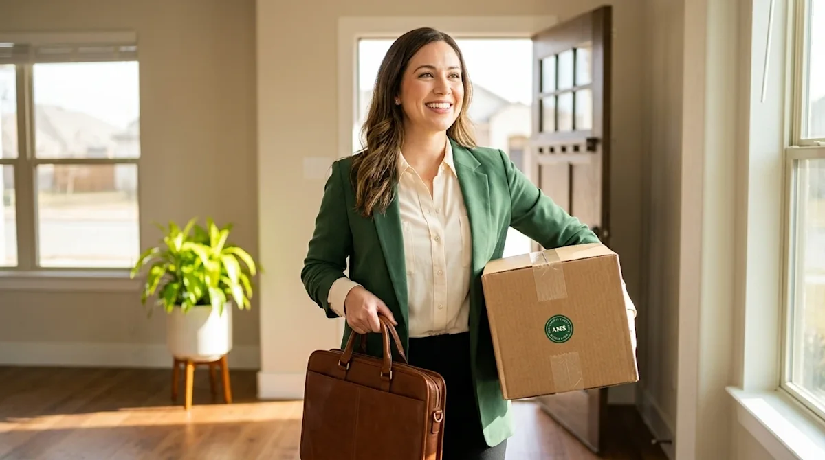 Professional marketing photography, edge-to-edge unbordered image. A cheerful, well-dressed professional in their 30s wearing