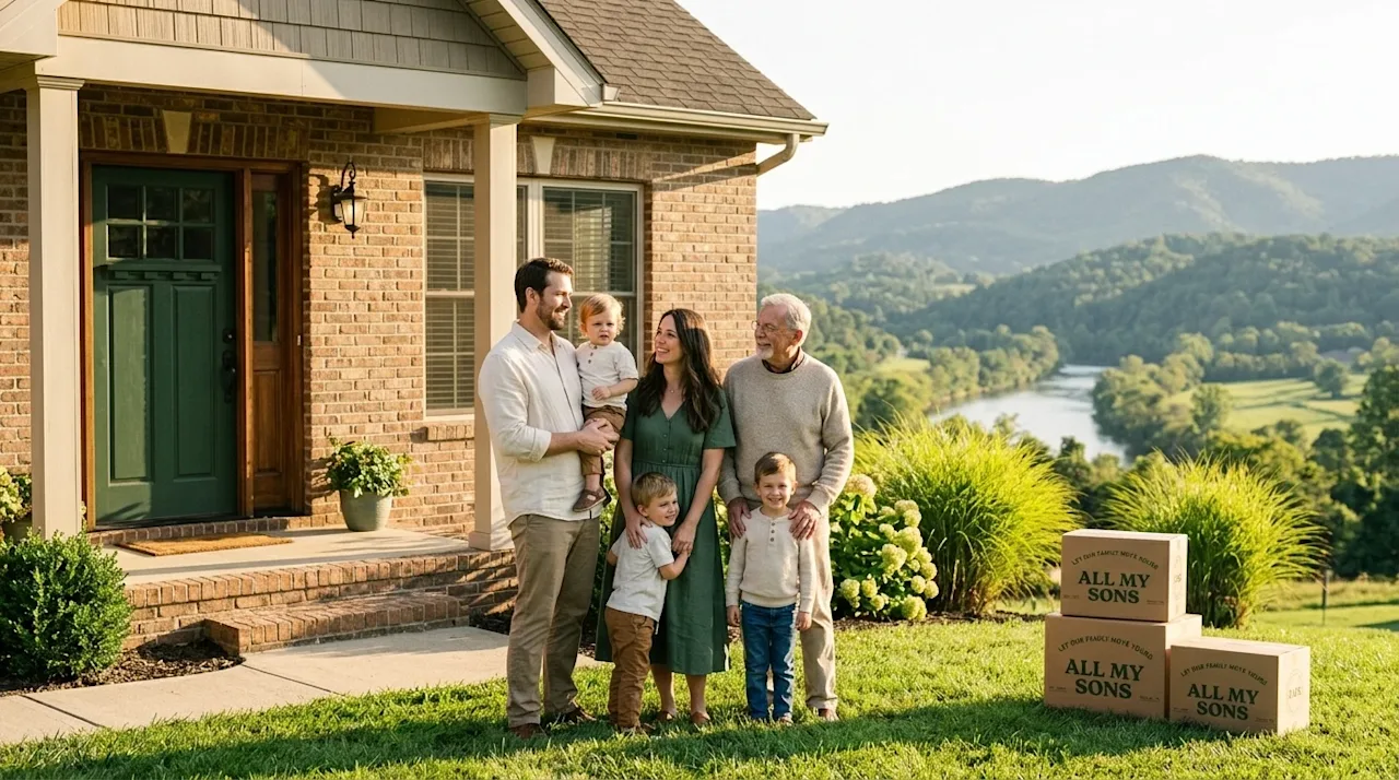 A happy family standing in front of their new home with moving boxes, representing a successful and stress-free relocation.