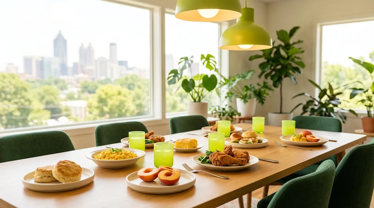 Stylish Atlanta dining room with Southern food, lime green accents, and city skyline view for a relocation blog.
