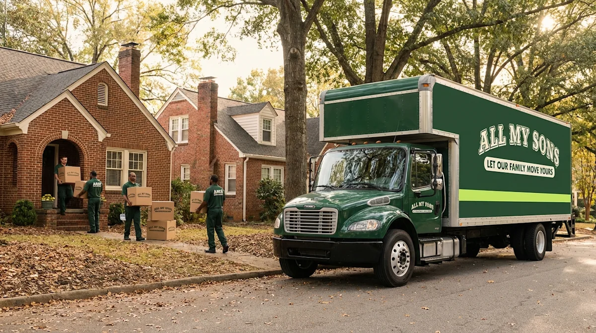 Professional movers unloading a green All My Sons truck in a historic Decatur, Atlanta neighborhood.