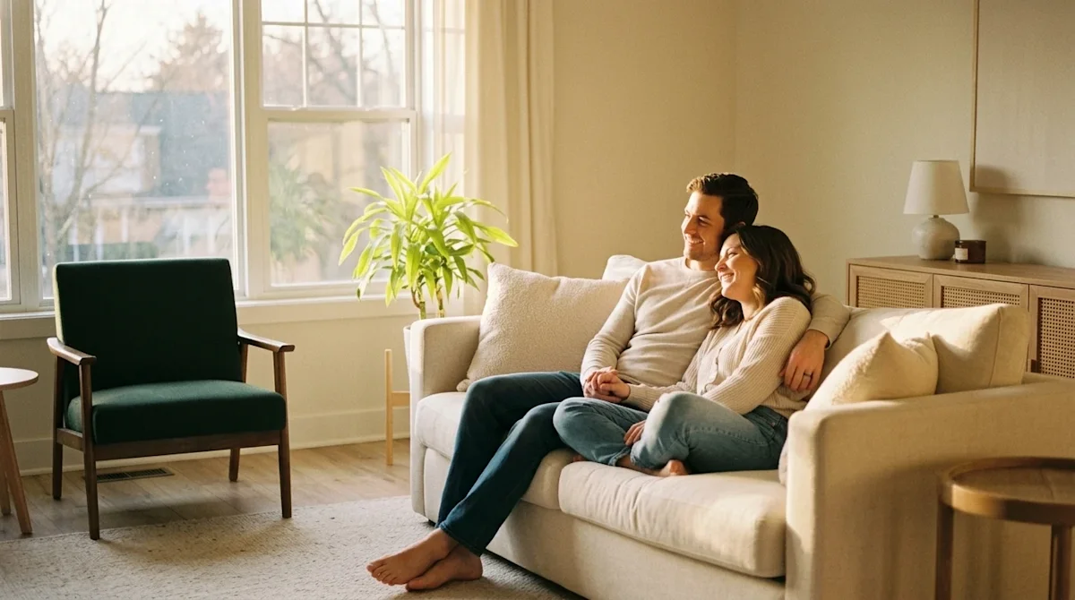 A warm, inviting 35mm film lifestyle photograph of a beautiful, cozy living room, capturing the feeling of falling in love wi