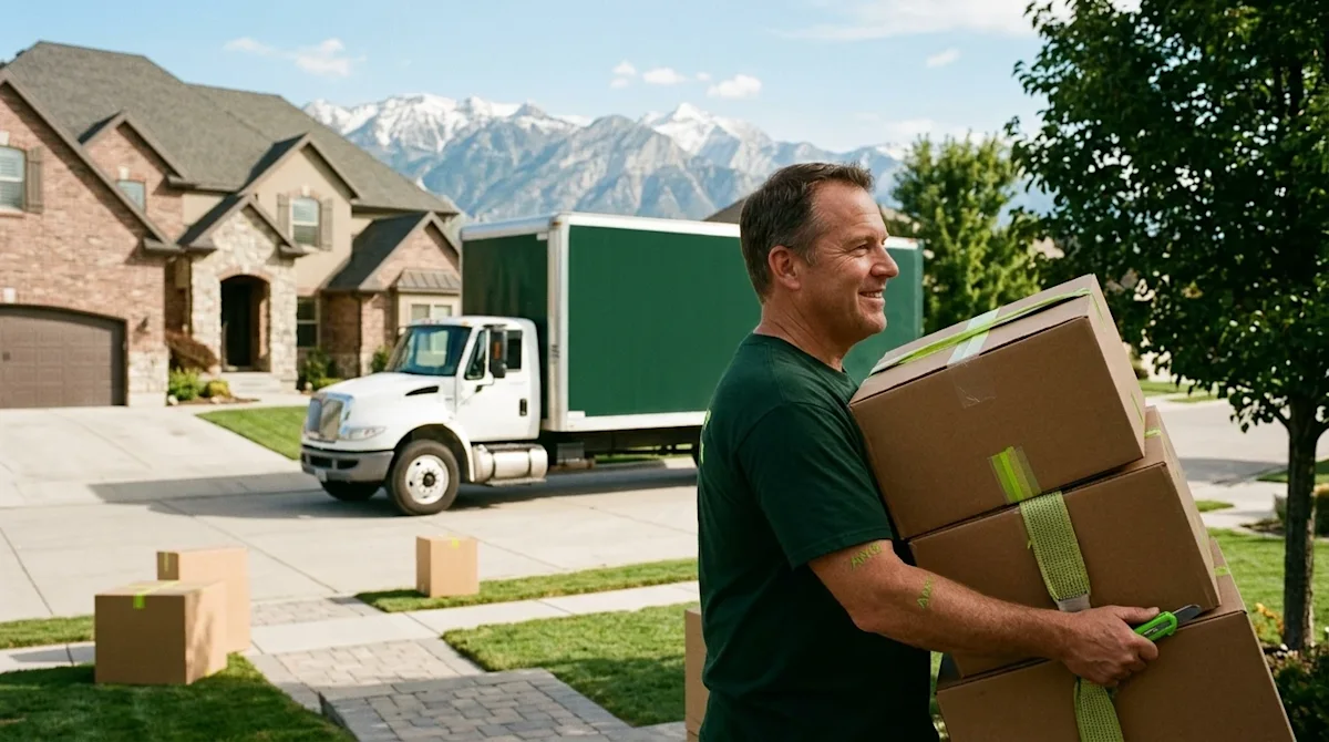 A candid, high-quality lifestyle photograph of a sunny moving day in a suburban neighborhood of Salt Lake City, Utah. In the