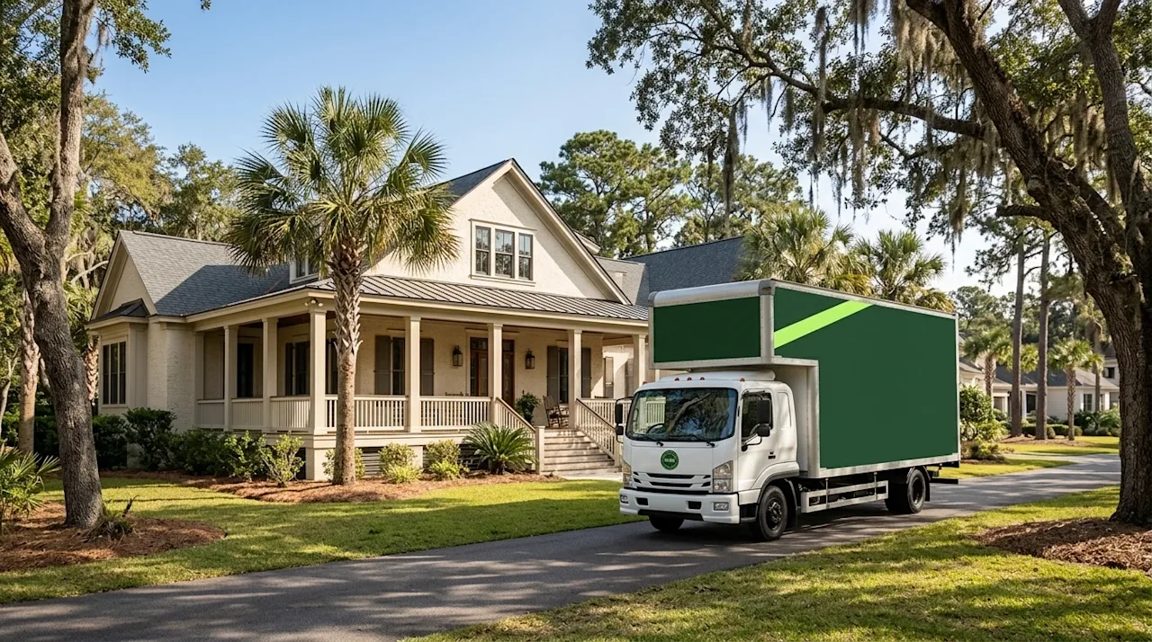 Professional marketing photography of a beautiful, upscale residential neighborhood in Hilton Head, South Carolina on a warm,