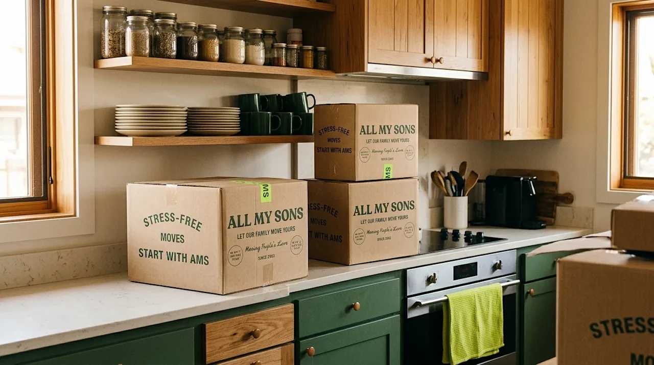 A lifestyle photograph of a smartly organized small kitchen, showcasing clever storage solutions during a move-in process. In