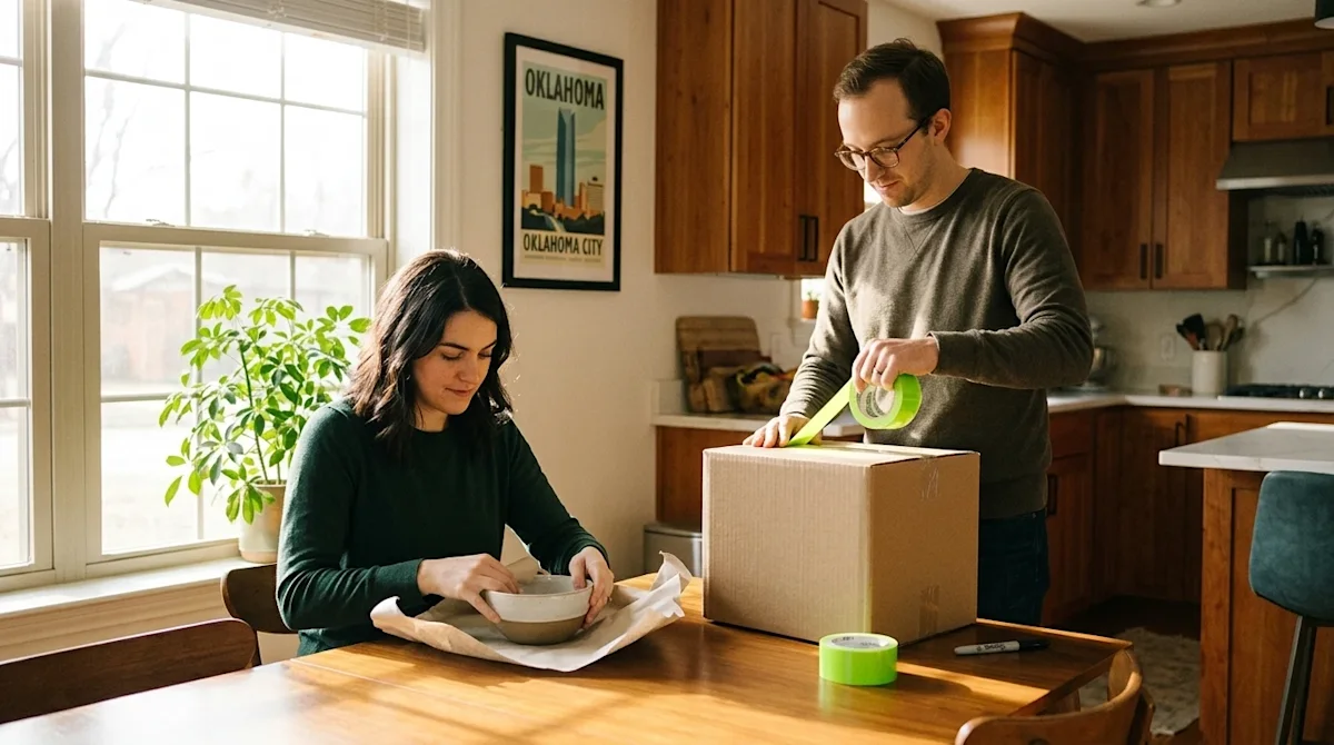 Professional marketing photography of a young couple packing for a DIY move in a welcoming, sunlit home interior. Warm, golde