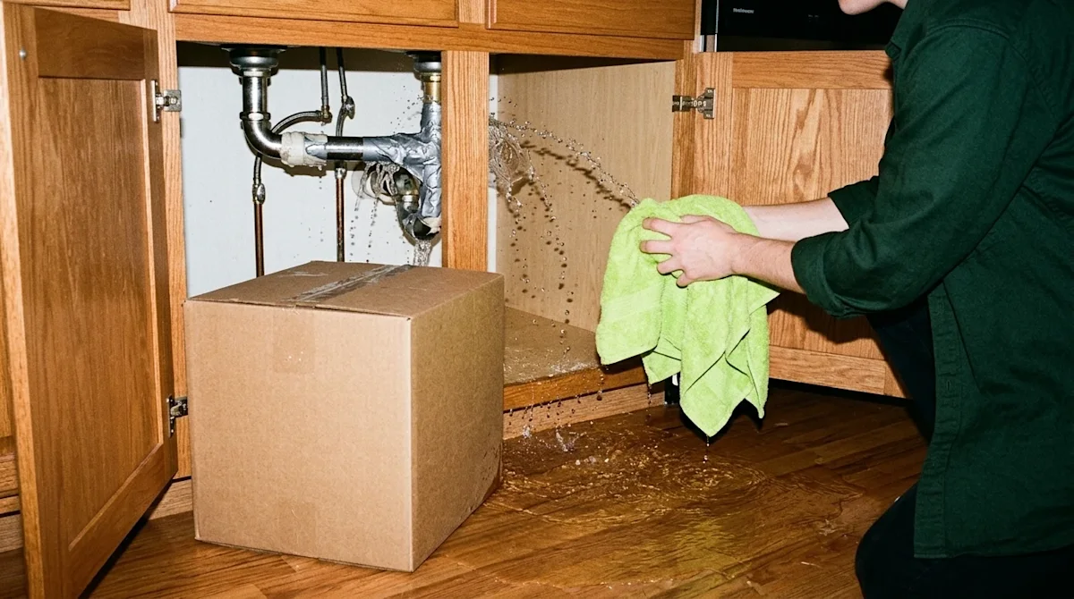 A candid 35mm film lifestyle photograph showing a stressful plumbing disaster in a home. Underneath a wooden kitchen sink cab