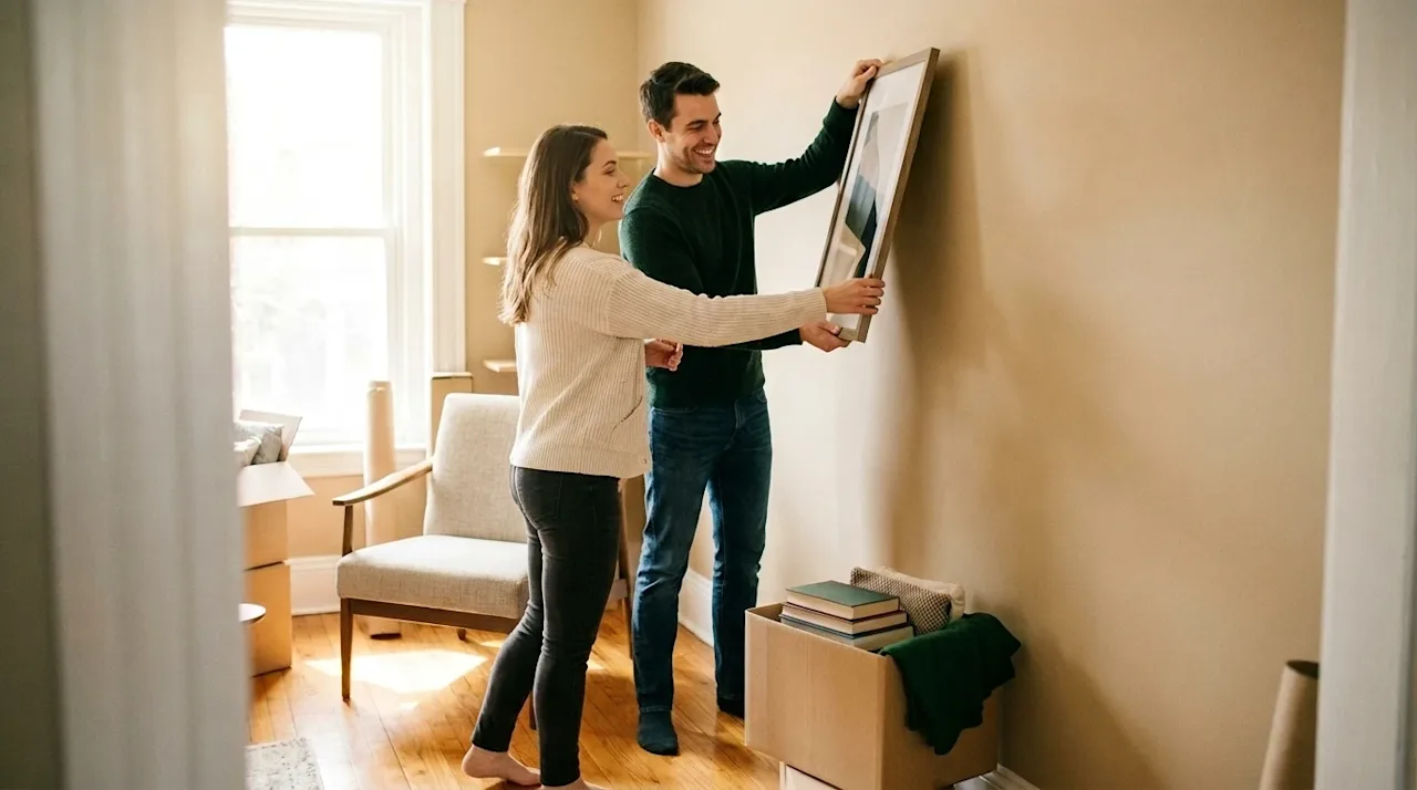 A happy young couple holding a framed picture on a wall in their new home with moving boxes and green accents.