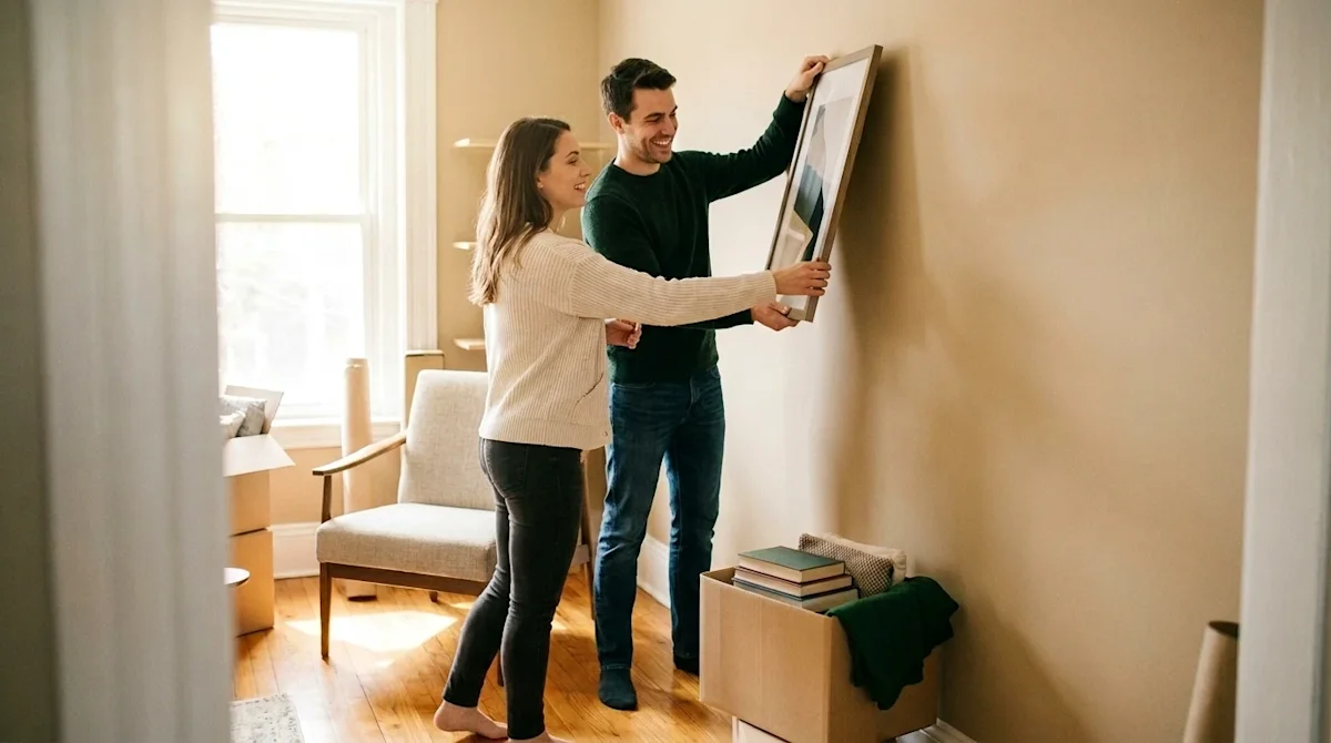 A happy young couple holding a framed picture on a wall in their new home with moving boxes and green accents.