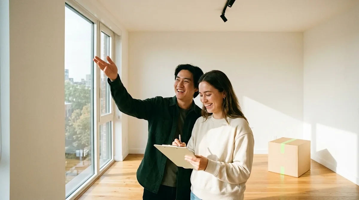 Candid lifestyle photography of a young couple doing an apartment walkthrough. They are standing in a bright, modern, mostly