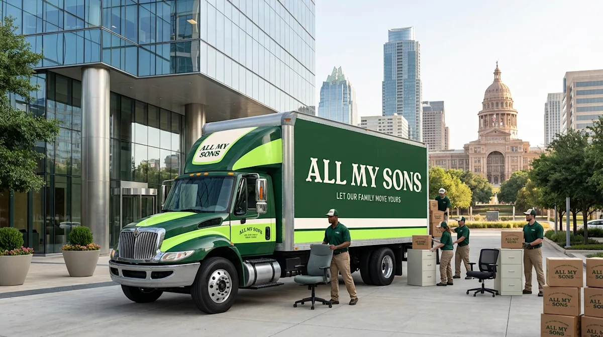 All My Sons movers unloading office equipment from a truck in downtown Austin near the Texas Capitol.