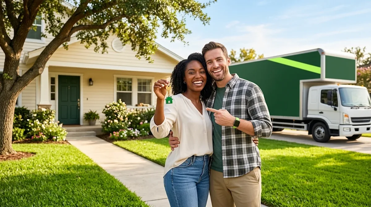 Professional marketing photography of a happy diverse couple standing proudly in the sunny driveway of their beautiful new cl