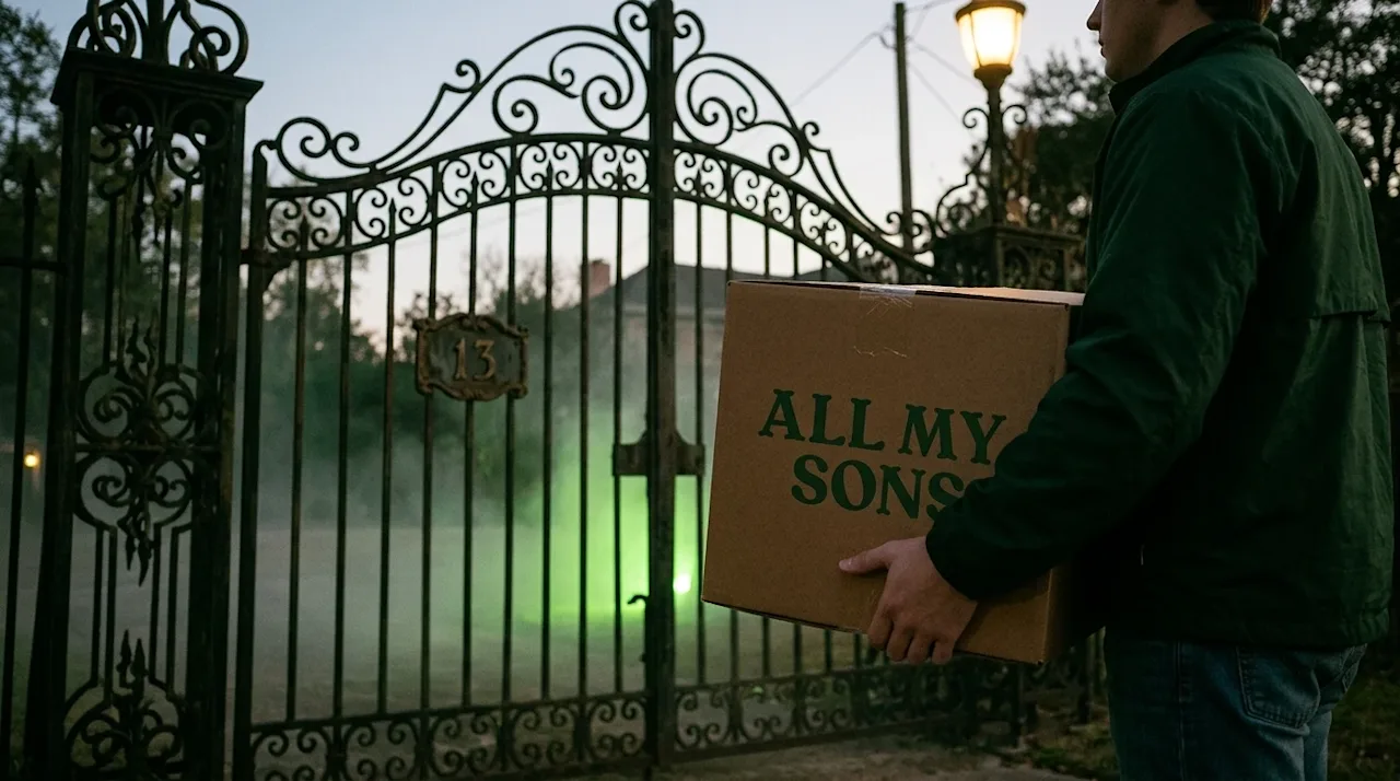 A realistic, candid 35mm film photograph of a moving day scene set at twilight in front of an imposing, ornate wrought-iron g