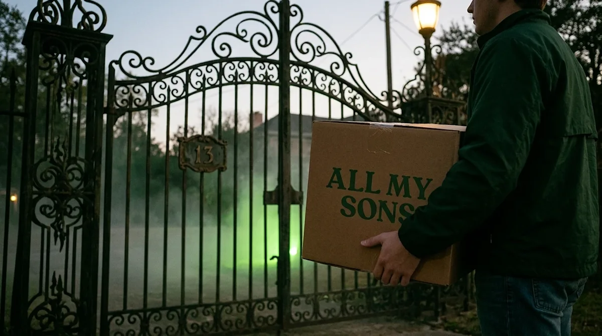 A realistic, candid 35mm film photograph of a moving day scene set at twilight in front of an imposing, ornate wrought-iron g