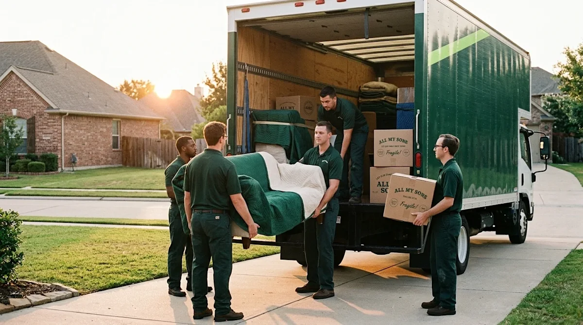 Professional marketing photography of a professional moving scene, captured in an authentic, slightly nostalgic film-photogra