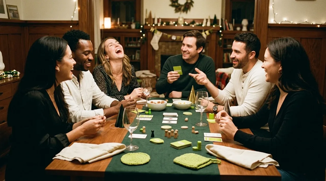 Candid 35mm film photography of a group of adults sitting around a warm wooden dining table in a cozy home, laughing joyfully