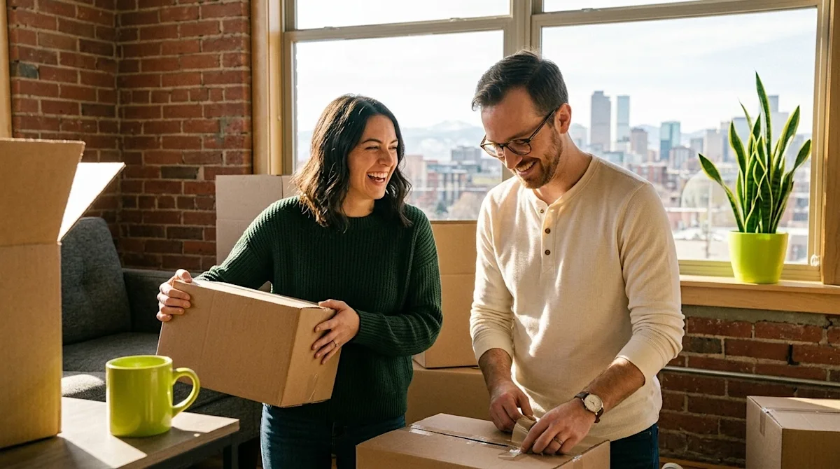 A candid 35mm film photography snapshot of a happy millennial couple moving into a trendy Denver loft apartment. They are smi