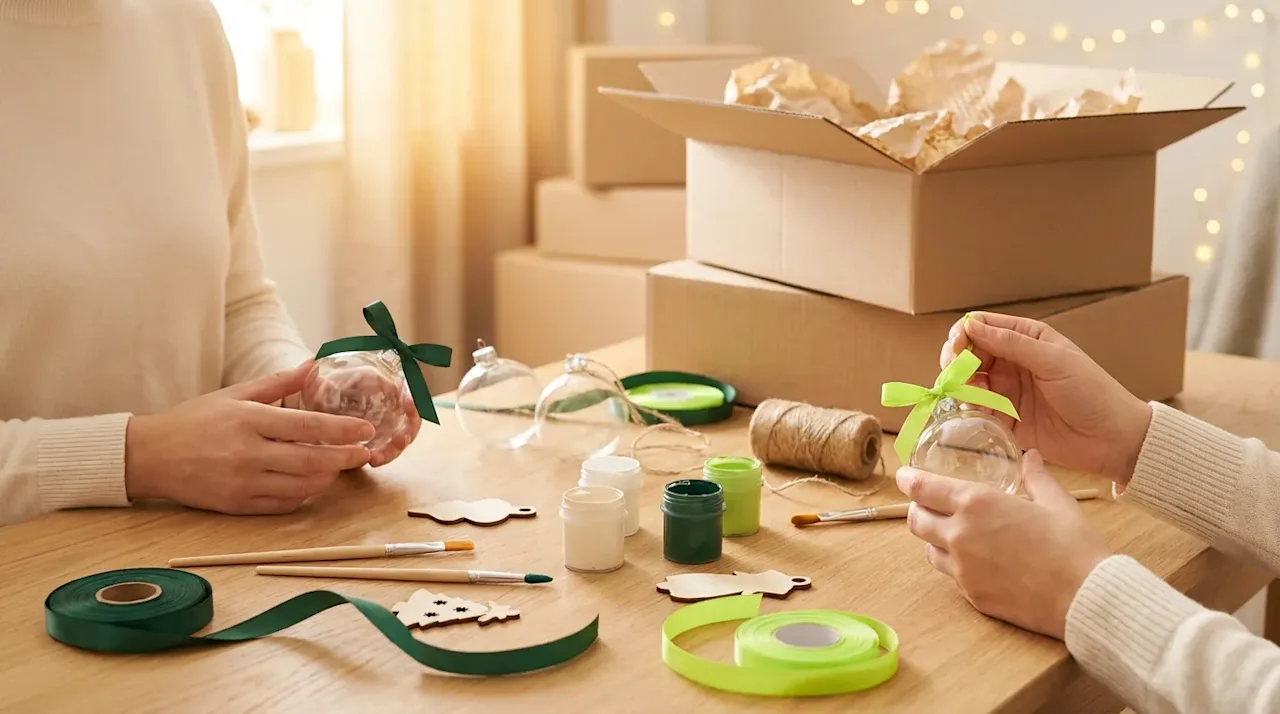 DIY holiday ornament crafting with forest and lime green ribbons near cardboard boxes in a warm, new home setting.