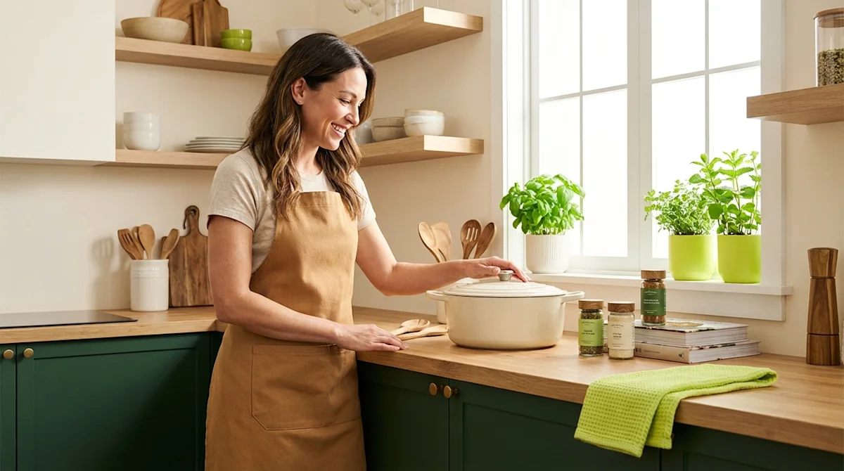 Happy mother in a modern green and cream kitchen with Mother's Day cooking gifts and fresh herbs.