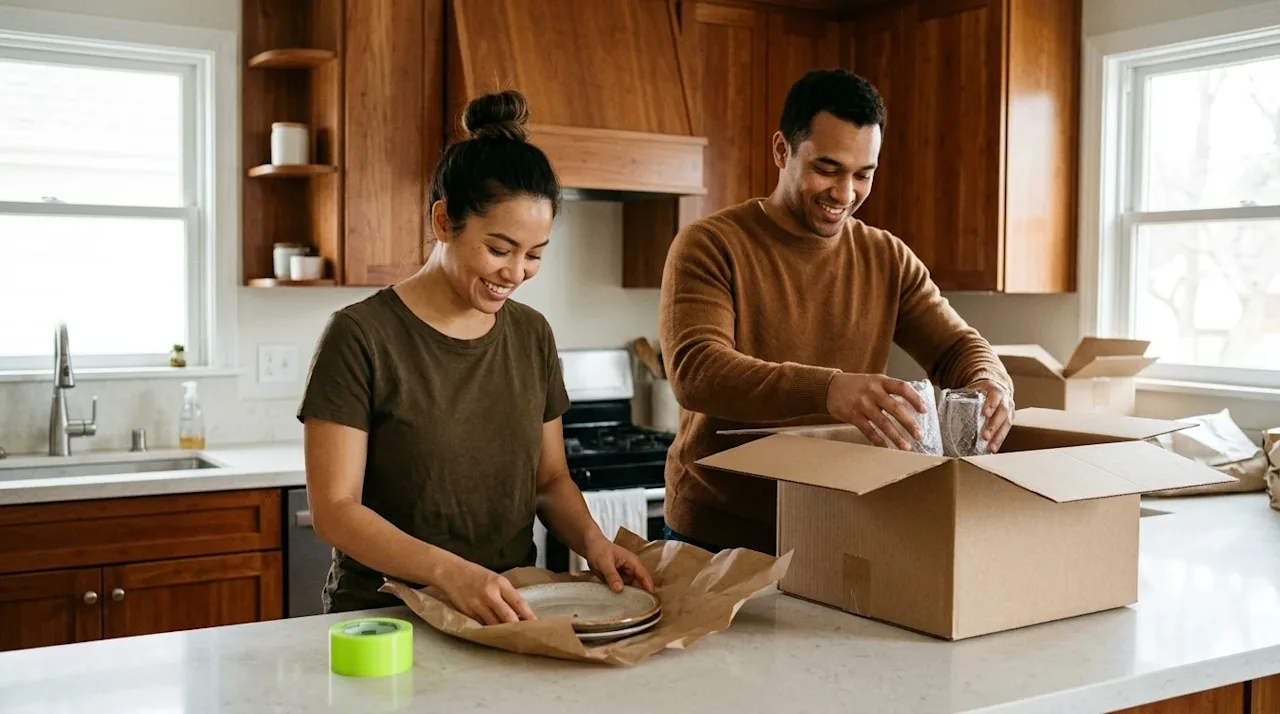 Candid 35mm film lifestyle photography of a smiling couple happily packing their kitchen for a move, capturing a warm, slight