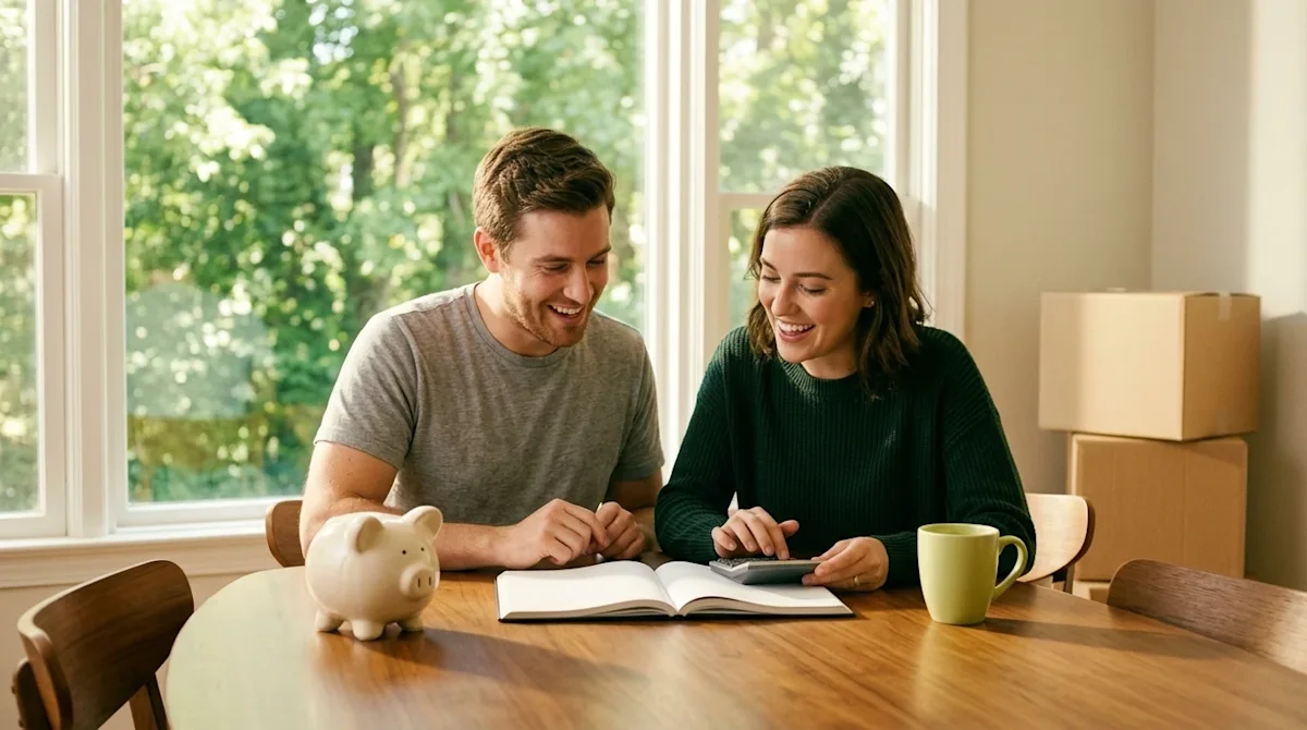 Candid lifestyle photography of a happy couple sitting at a wooden dining table in a bright, sunlit room, organizing their mo