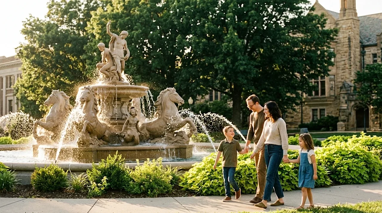 A candid, editorial lifestyle photograph of a family walking near a historic, beautifully sculpted fountain in Kansas City. T