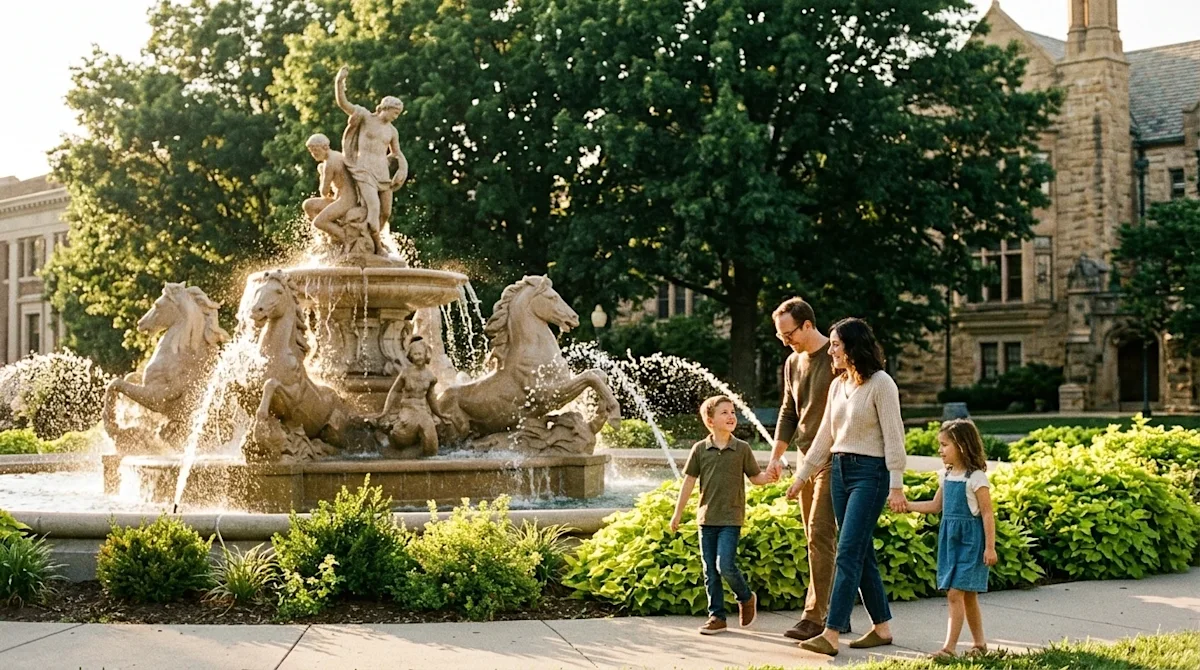 A candid, editorial lifestyle photograph of a family walking near a historic, beautifully sculpted fountain in Kansas City. T