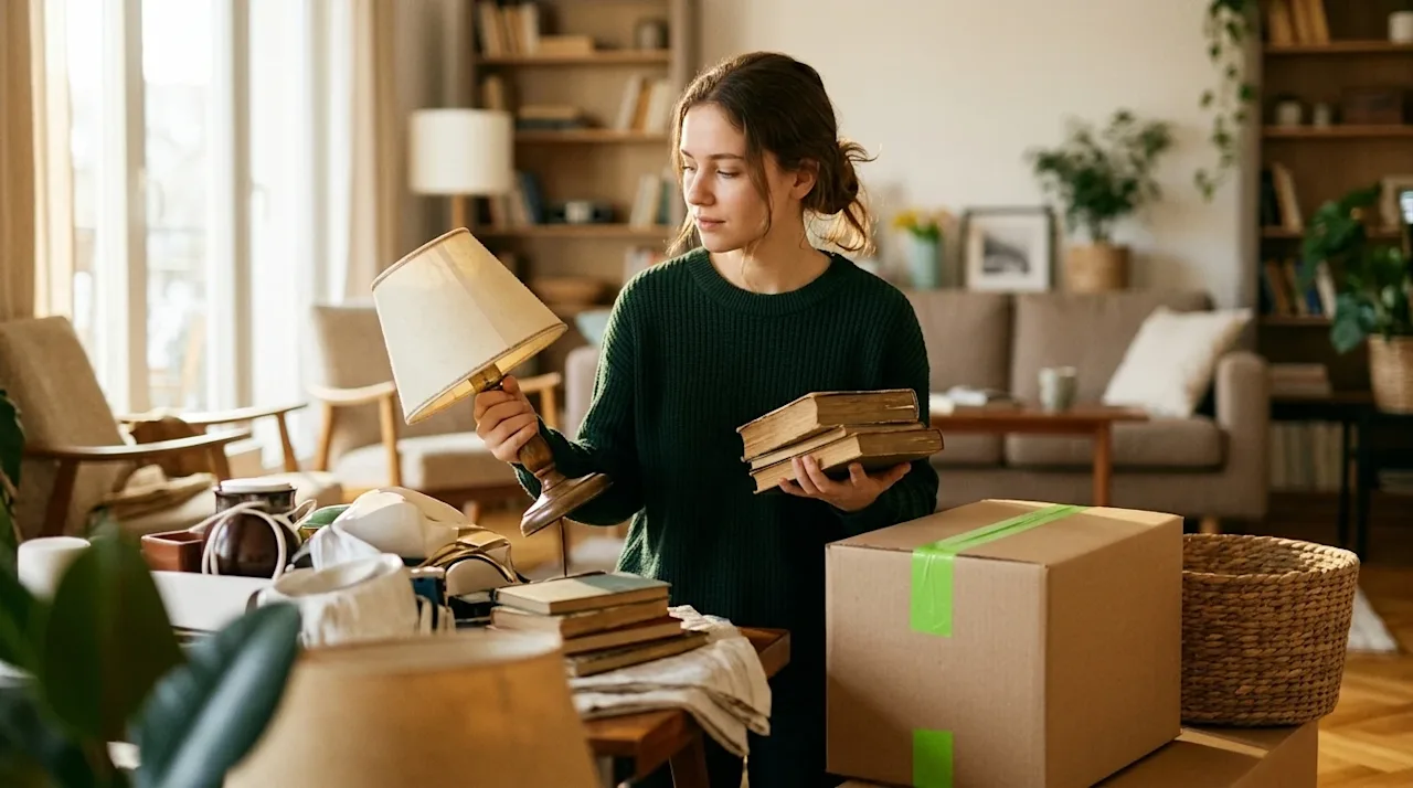 Professional marketing photography of a young woman in a warm, gently sunlit living room, thoughtfully sorting through househ