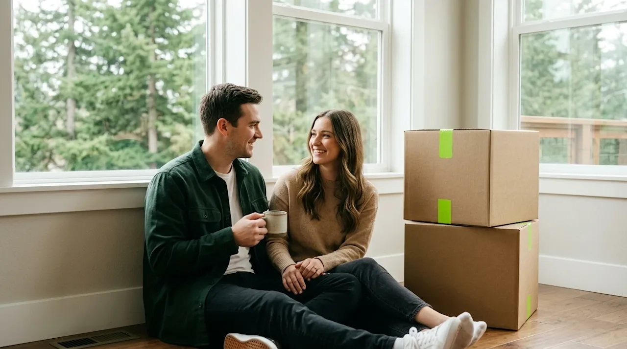 Professional marketing photography, a warm and inviting lifestyle shot of a smiling young couple taking a coffee break in the