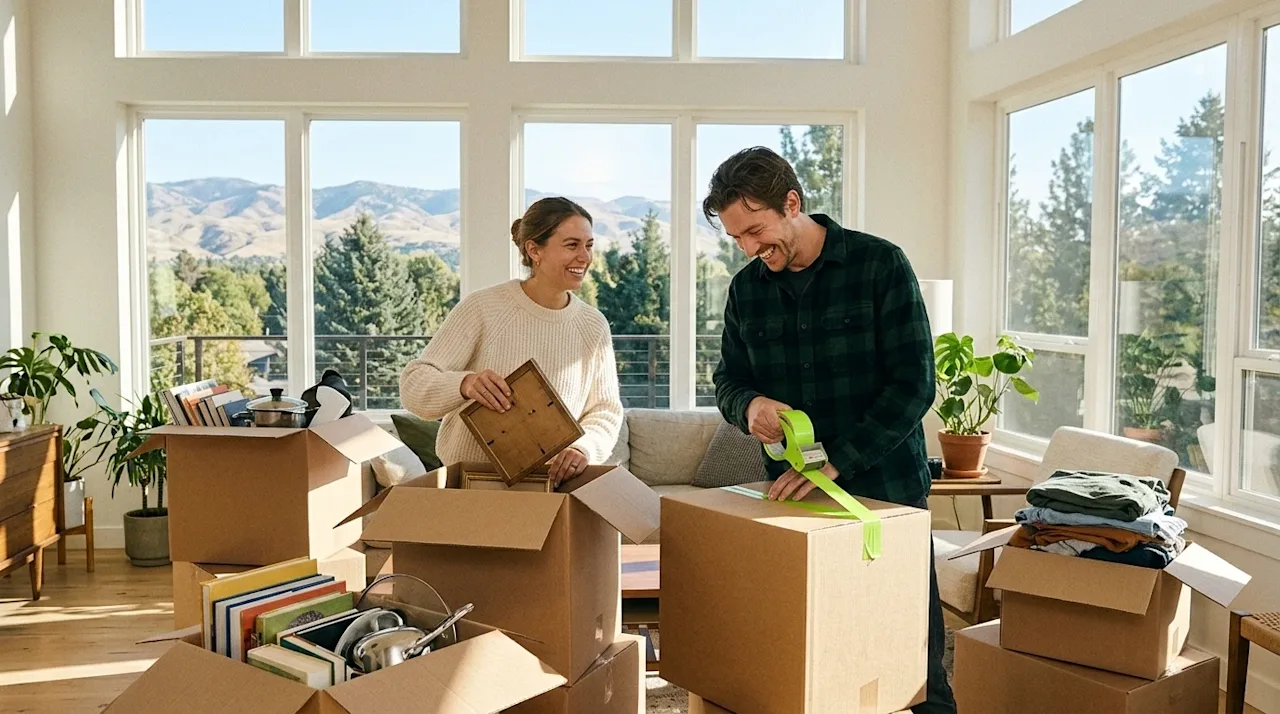 A candid, editorial 35mm film-style photograph of a happy couple unpacking cardboard moving boxes in the bright living room o