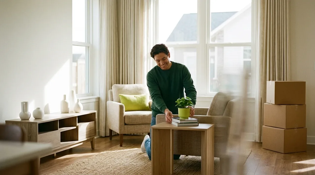 Candid lifestyle photography of a sparkling clean, brightly lit, organized living room in a modern home, conveying a sense of