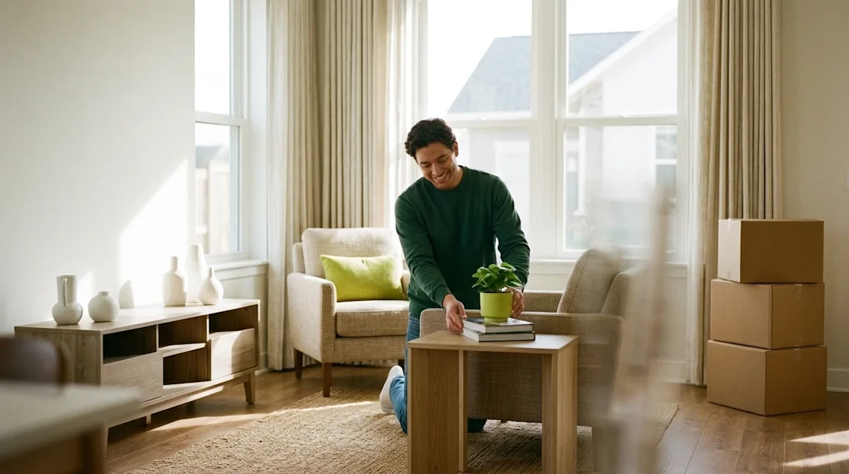 Candid lifestyle photography of a sparkling clean, brightly lit, organized living room in a modern home, conveying a sense of