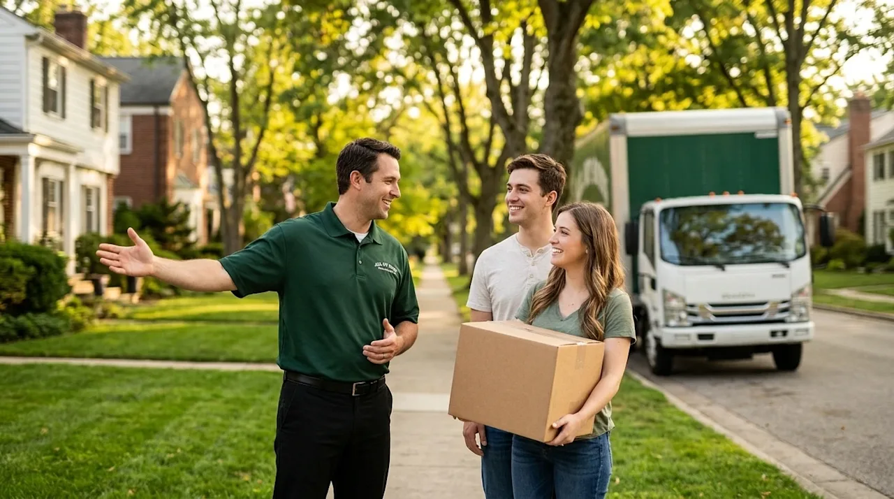 Clear, professional marketing lifestyle photography of a friendly mover in a deep forest green polo shirt chatting warmly wit