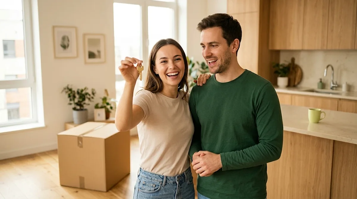 Clear, professional marketing photography of a happy young couple standing in a bright, modern rental apartment, looking exci