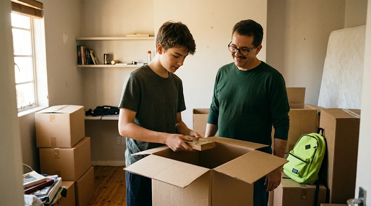 A candid, authentic lifestyle photograph of a teenager and a parent packing for a move in a partially emptied bedroom. The ro