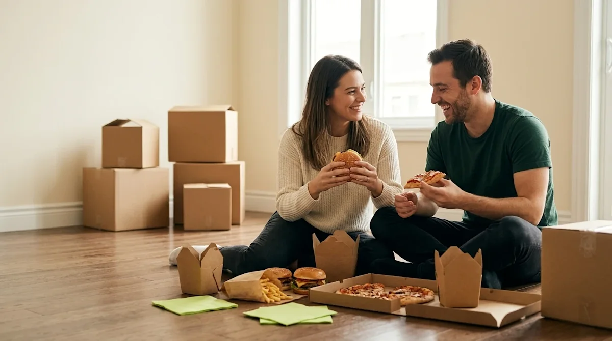 Clear, professional lifestyle marketing photography of a joyful couple taking a well-deserved meal break on moving day, sitti
