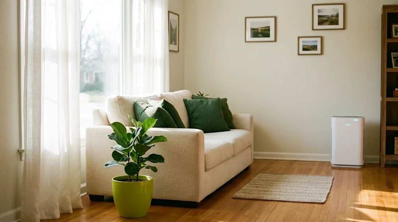 Lifestyle photography of a bright, immaculately clean, dust-free living room in a cozy suburban Columbus home, symbolizing an