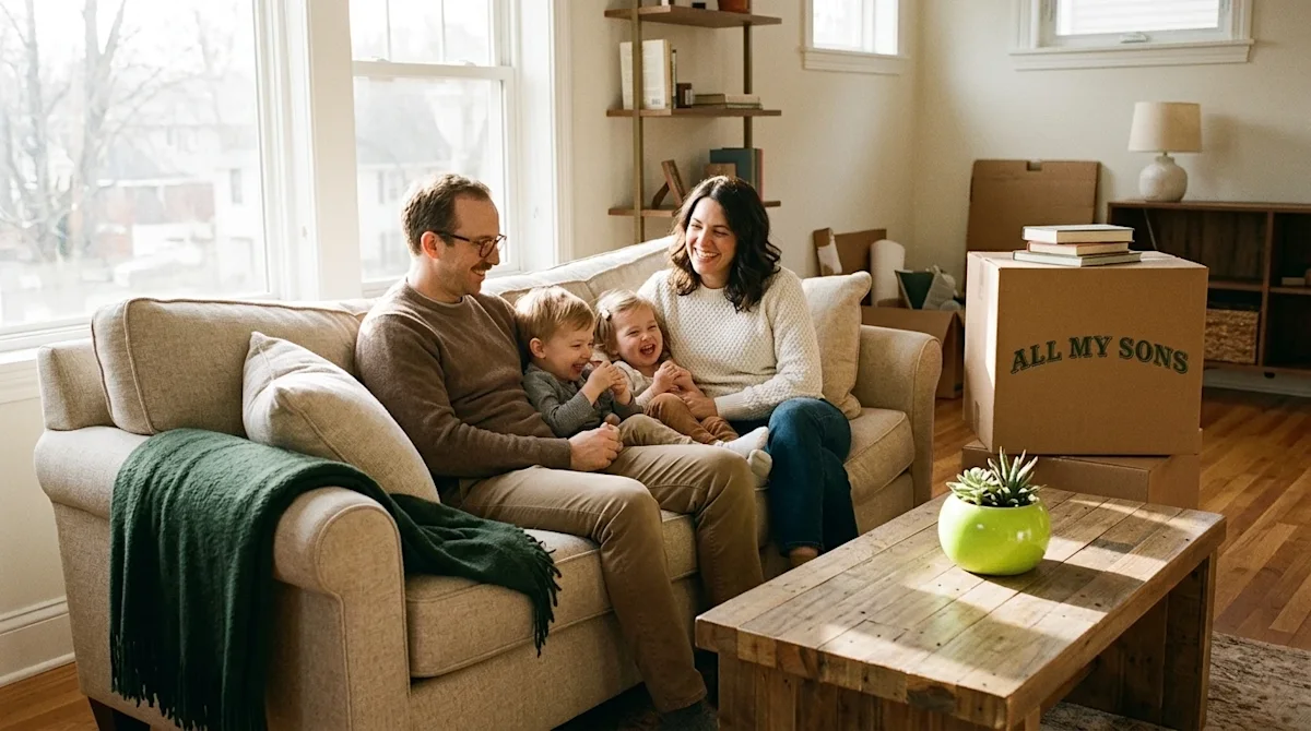 A candid, heartwarming lifestyle photograph of a relaxed, smiling family sitting comfortably in the bright, sunlit living roo