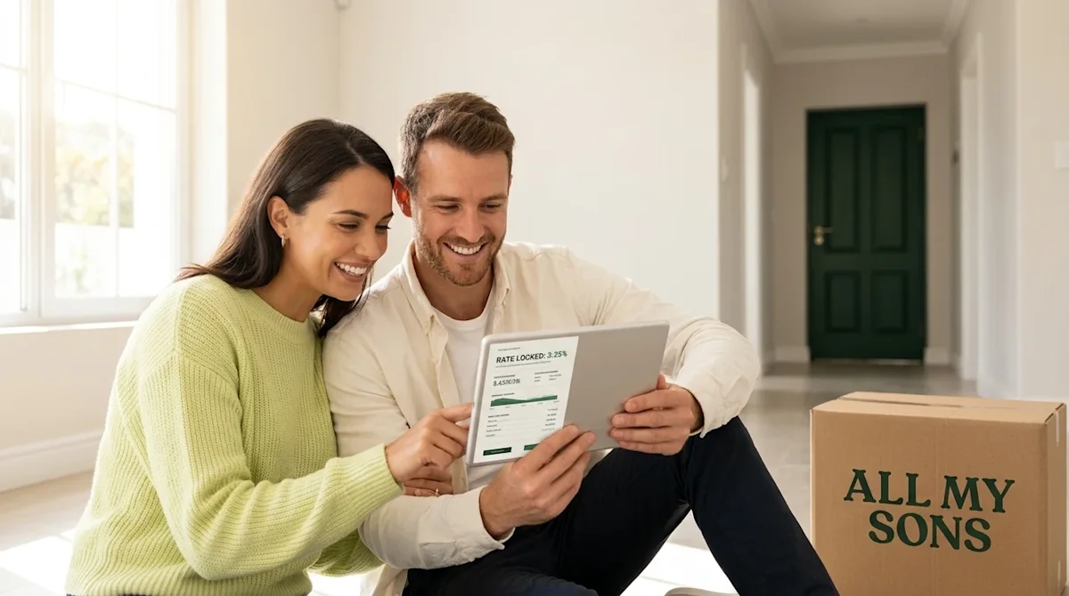 Professional marketing photography of a happy, relaxed couple sitting on the floor in the bright, sunlit, empty living room o