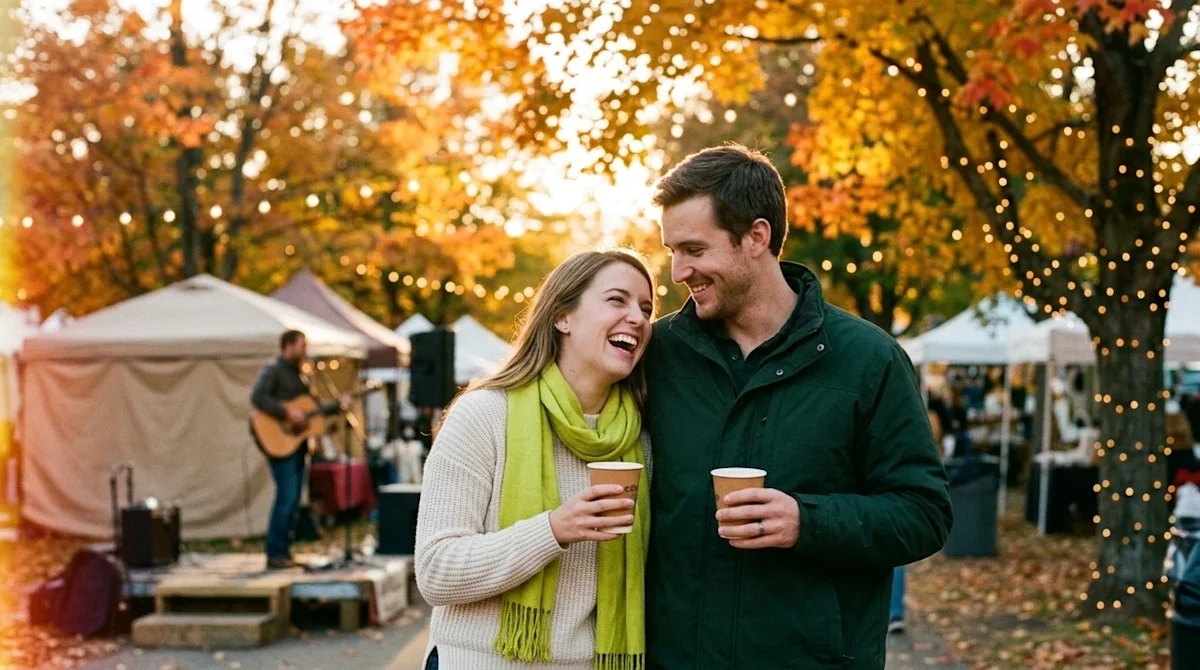A candid, documentary-style lifestyle photograph shot on 35mm film of a happy couple enjoying an outdoor fall festival in Nas