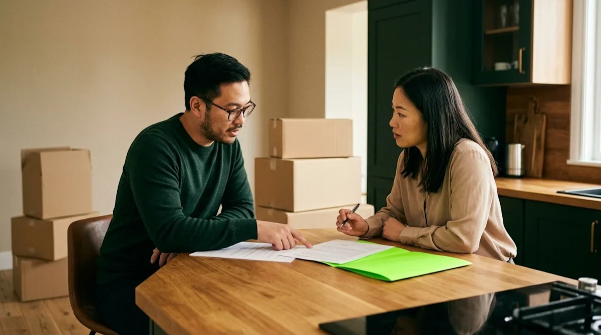 A candid, authentic lifestyle photograph of two people sitting across from each other at a warm wooden kitchen island, deeply