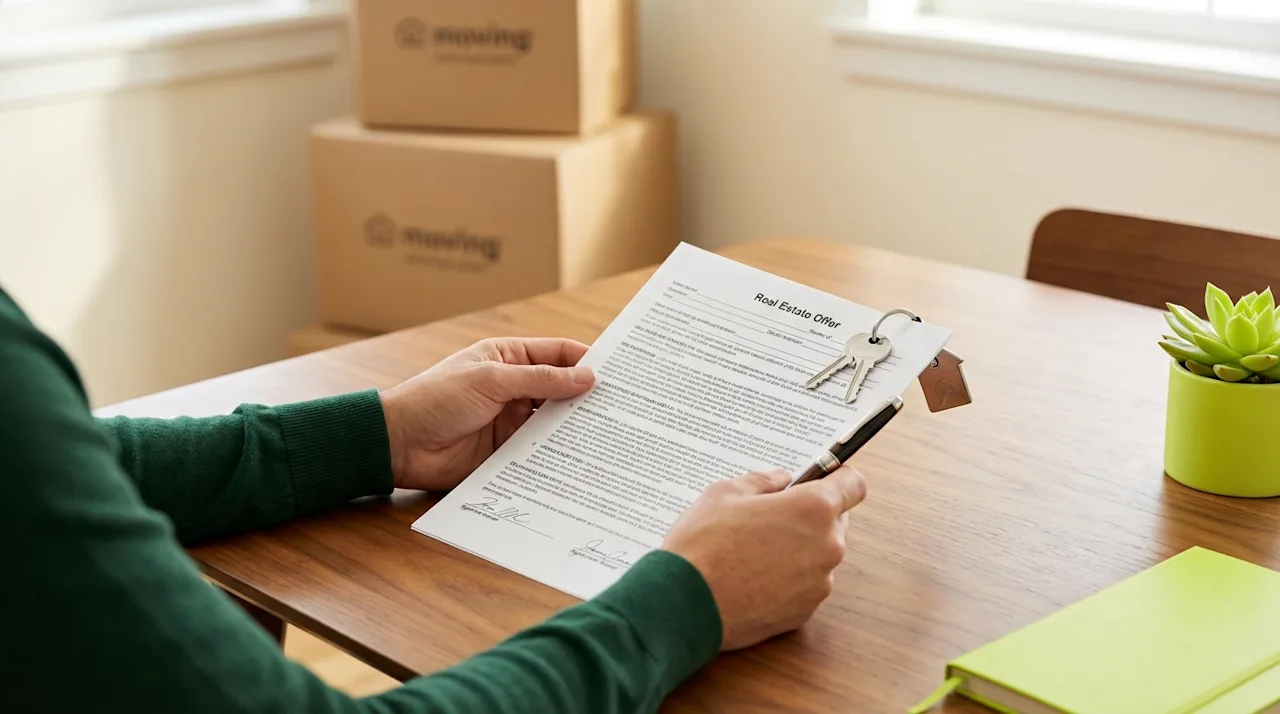 Person reviewing real estate offer document with house keys on a table and moving boxes in the background.