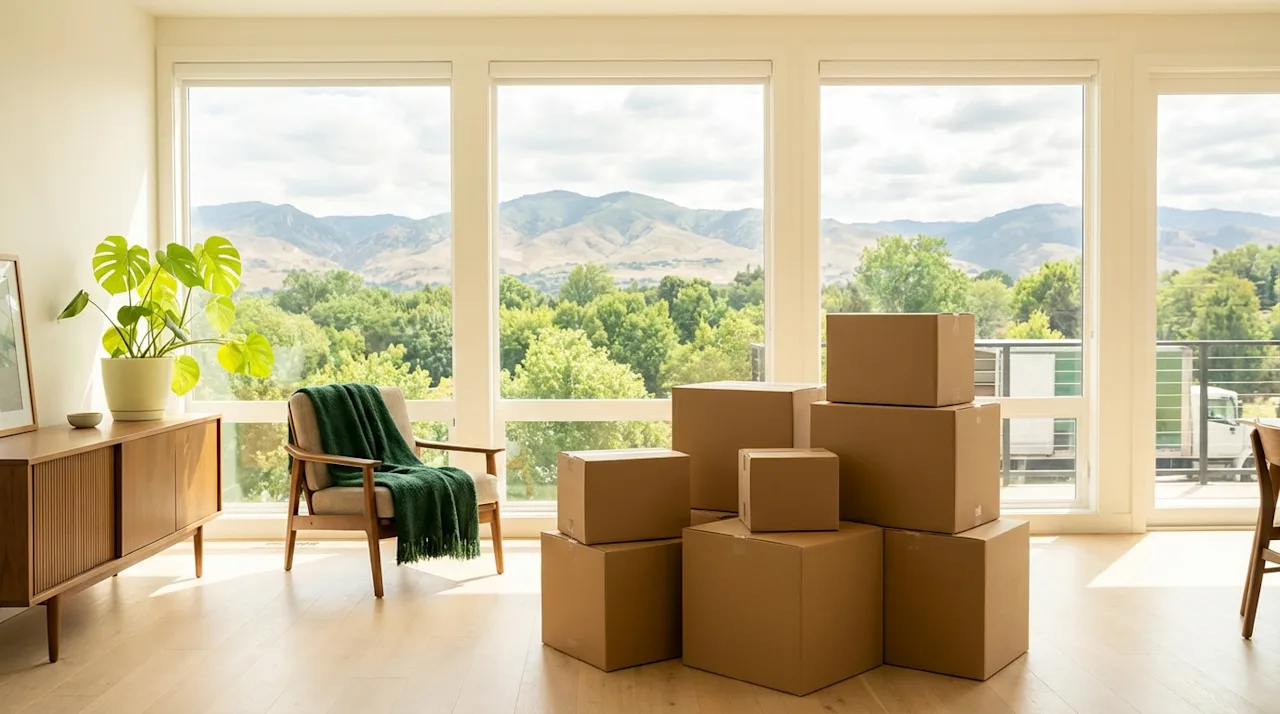 Moving boxes in a bright Boise home with a scenic view of the Idaho foothills and lush green trees.