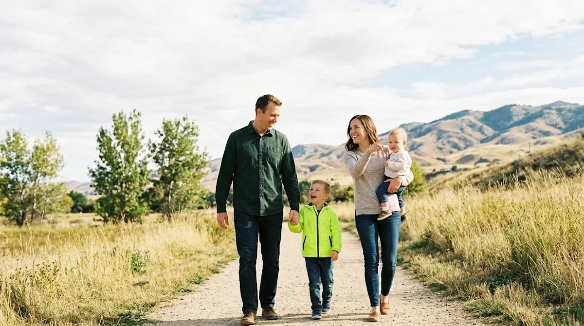 Candid lifestyle photography of a joyful family with young children enjoying a sunny day at a scenic park in Boise, Idaho, wi