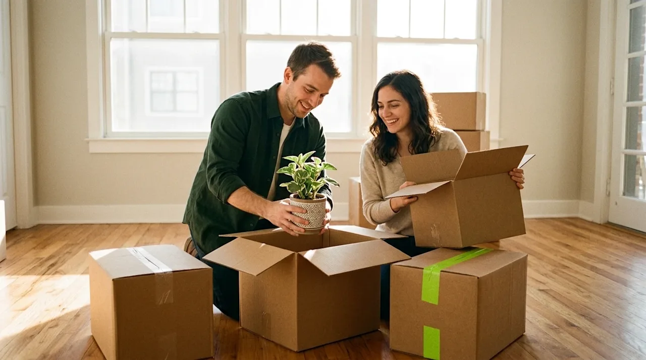 Candid lifestyle photography of a happy young couple moving into a bright, new apartment, shot with a warm 35mm film aestheti