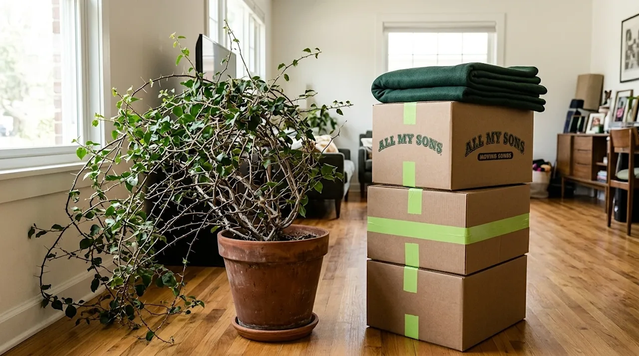 A photorealistic lifestyle photograph for a moving company blog. A large, unruly, and thorny overgrown potted plant, looking