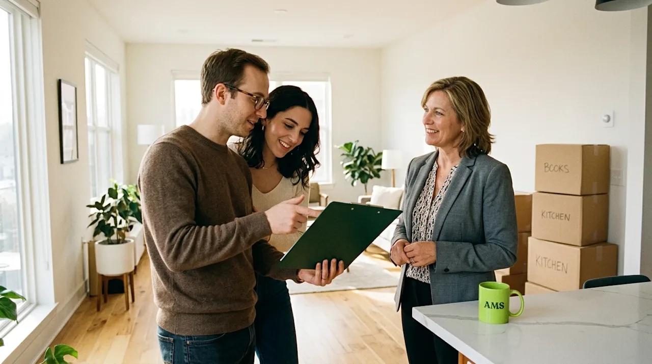 Candid, 35mm film style lifestyle photography of a young couple standing in a bright, lightly furnished apartment, having an