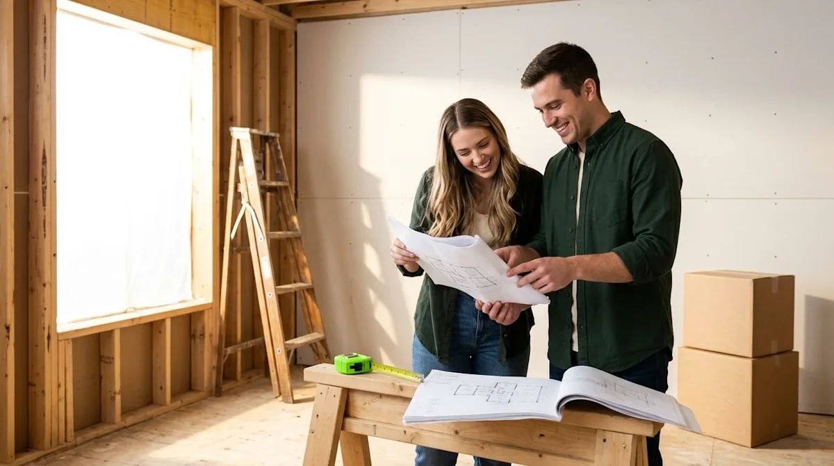 Clear and professional marketing photography of a home interior under construction. A young couple stands in the center of th