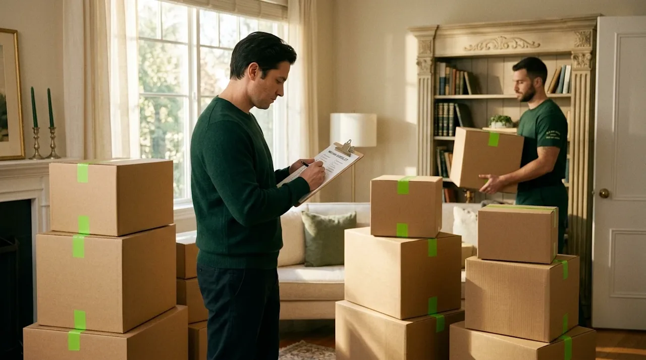 A realistic lifestyle photograph of an extremely organized homeowner standing in a brightly lit living room, meticulously che