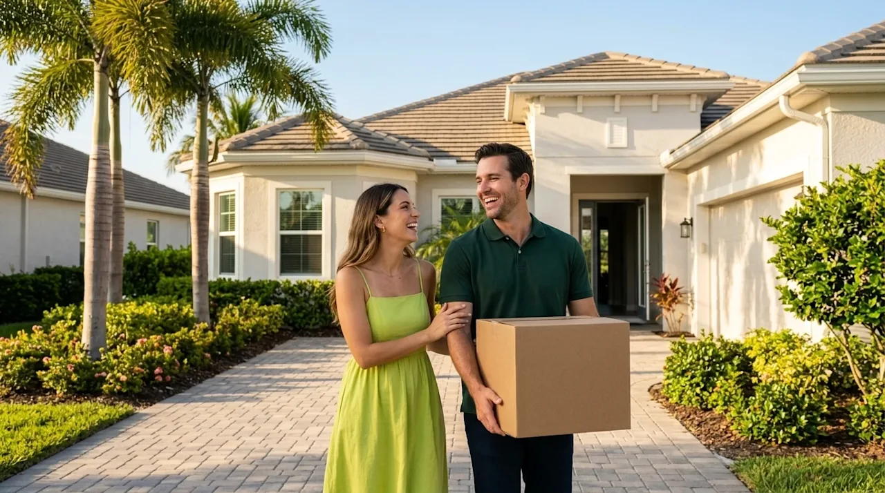 Clear, professional marketing photography of a happy couple arriving at their new home in the sunny Florida Sun Belt. The sce