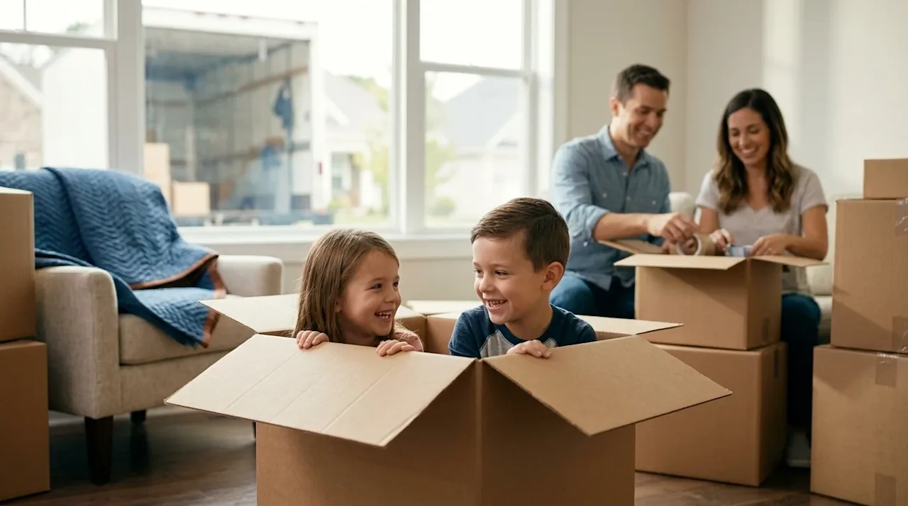 Professional lifestyle photography of a happy family on moving day, focusing on the experience of moving with children. Two s